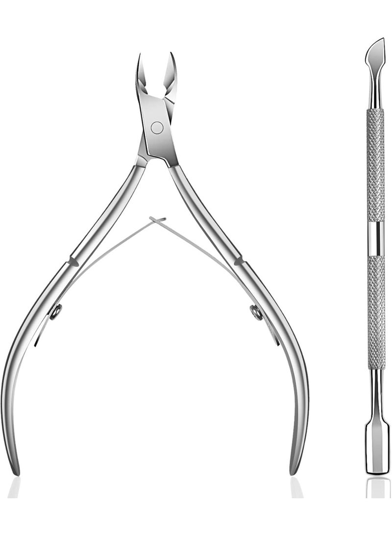 MJZ 2 Pcs Cuticle Trimmer with Cuticle Pusher, Cuticle Nipper, Stainless Steel Cuticle Trimmer, Cuticle Remover Tool Set for Fingernails and Toenails, Pedicure Manicure Tools, Nail Art Pusher Nail Removal Pusher Silver - Image 1